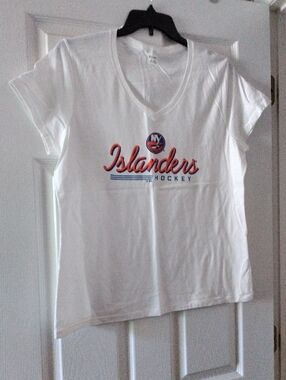 Hanes White Islanders Hockey Tee with Orange & Blue Logo